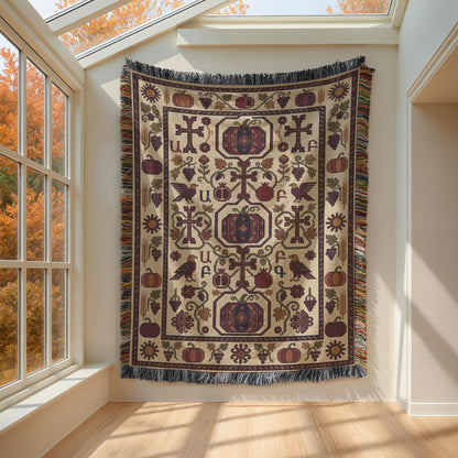 Armenian autumn throw blanket in burgundy and cream, woven Ghapama harvest design