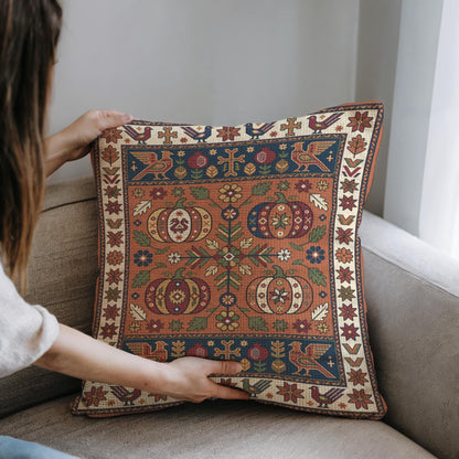 Armenian pumpkin throw pillow in rust and navy, woven Ghapama harvest design