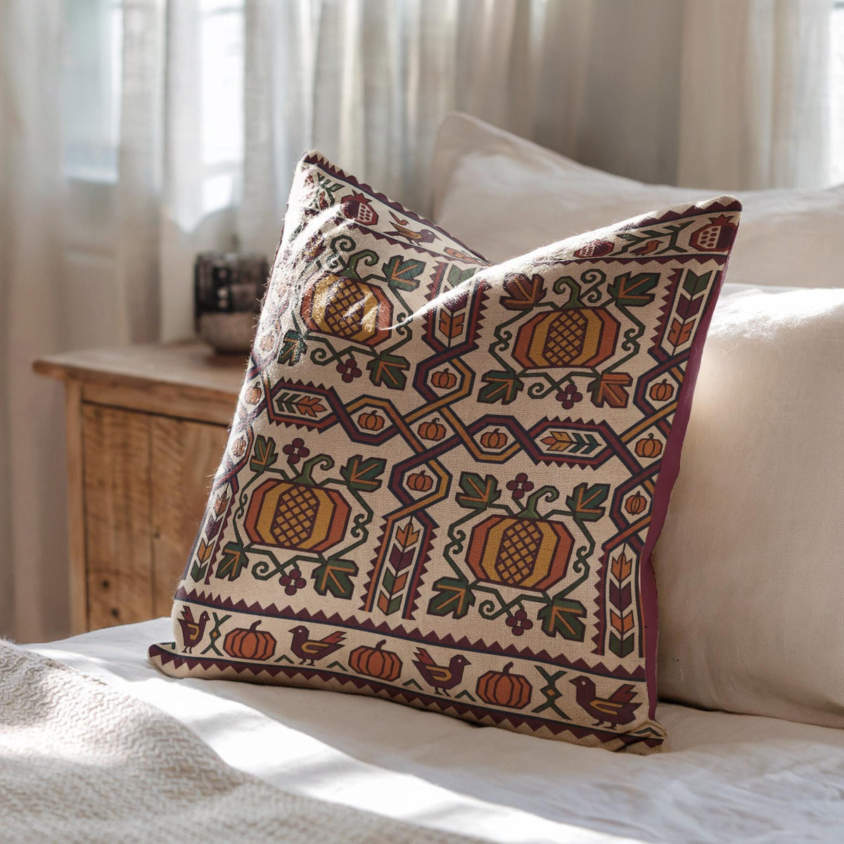 Cream and gold Ghapama pillow on a sofa beside a wooden cabinet and pale curtain