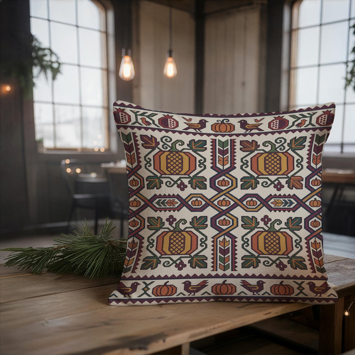 Ghapama pillow on a chair beside tall windows with pendant lights and evergreen sprigs
