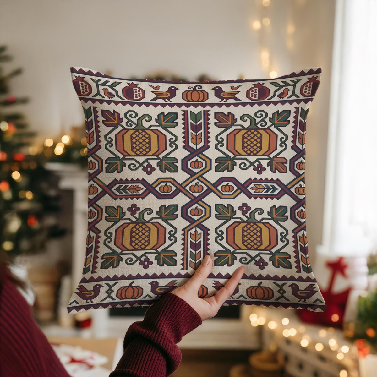 Hands holding the cream and gold Ghapama pillow in front of a lit Christmas tree