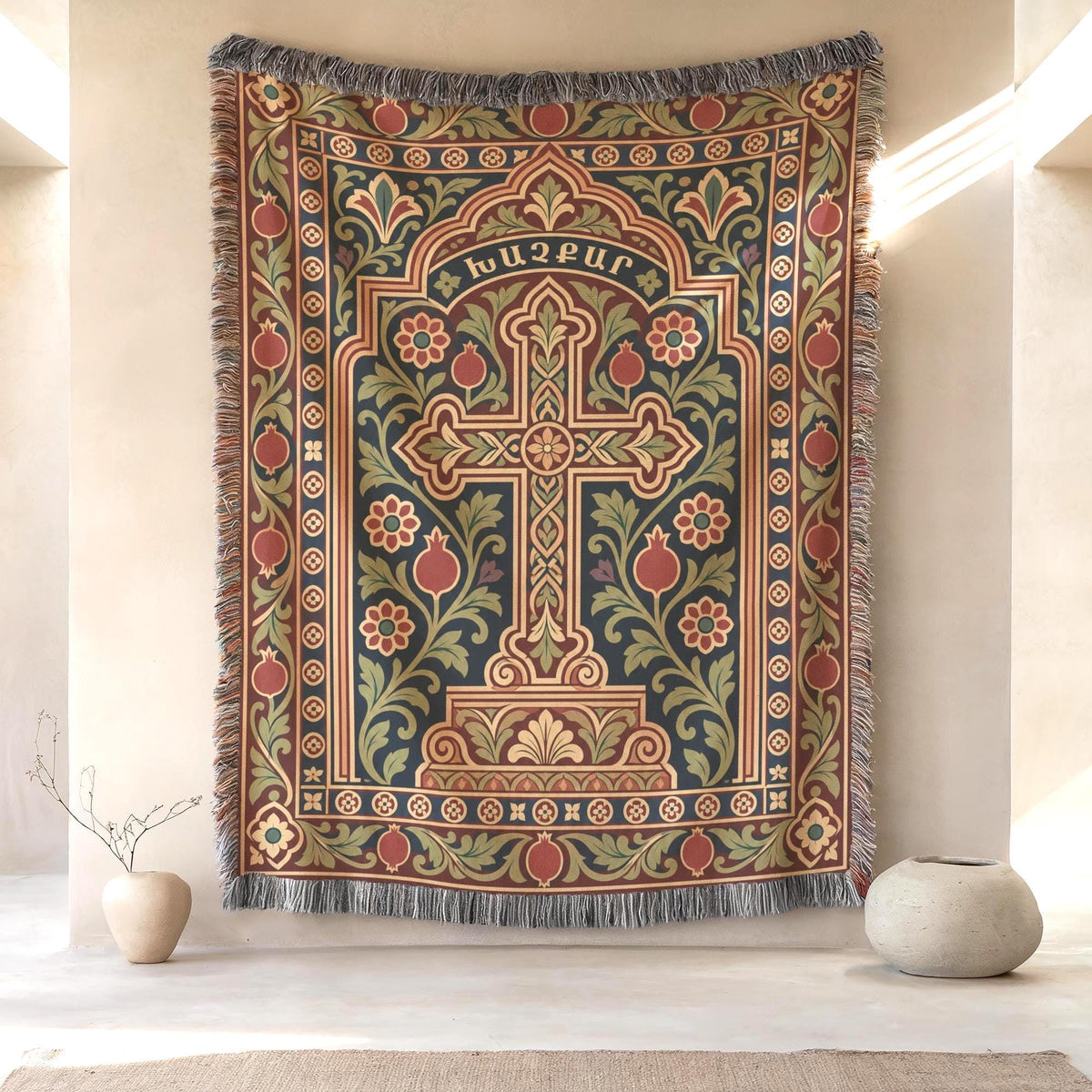 Khachkar cross wall tapestry on a plaster wall between two round stoneware vases