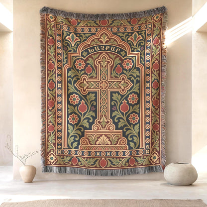 Khachkar cross wall tapestry on a plaster wall between two round stoneware vases