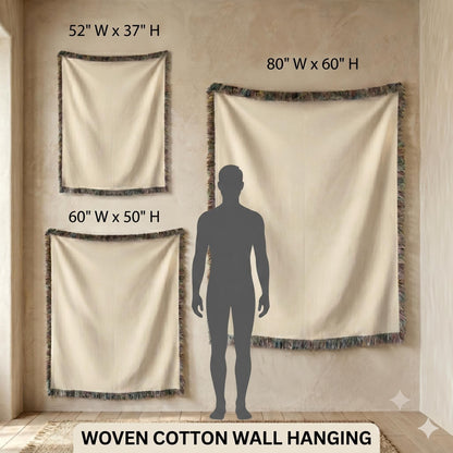 Size guide: woven wall tapestry in 52 x 37, 60 x 50 and 80 x 60 inches beside a human silhouette