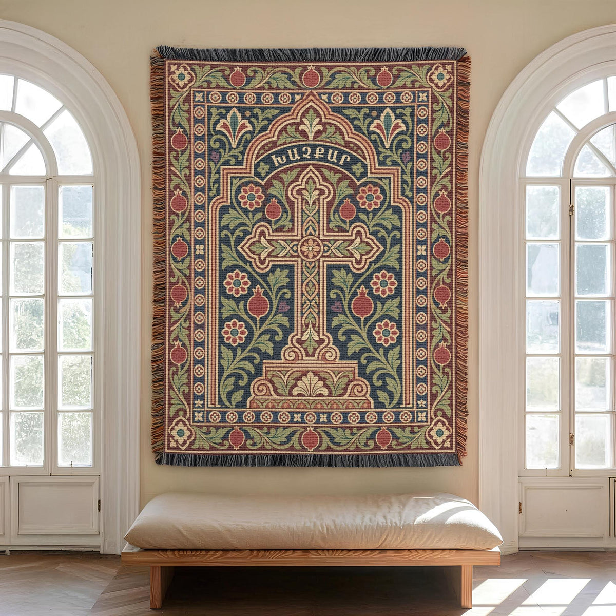 Khachkar cross tapestry in a pointed arch centred between two arched windows above a cushioned bench