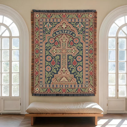 Khachkar cross tapestry in a pointed arch centred between two arched windows above a cushioned bench