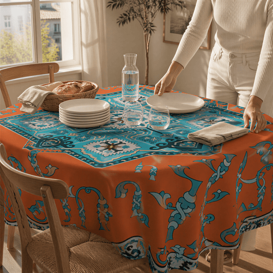 Orange and turquoise Armenian square tablecloth on a round table, a woman setting bread and a carafe