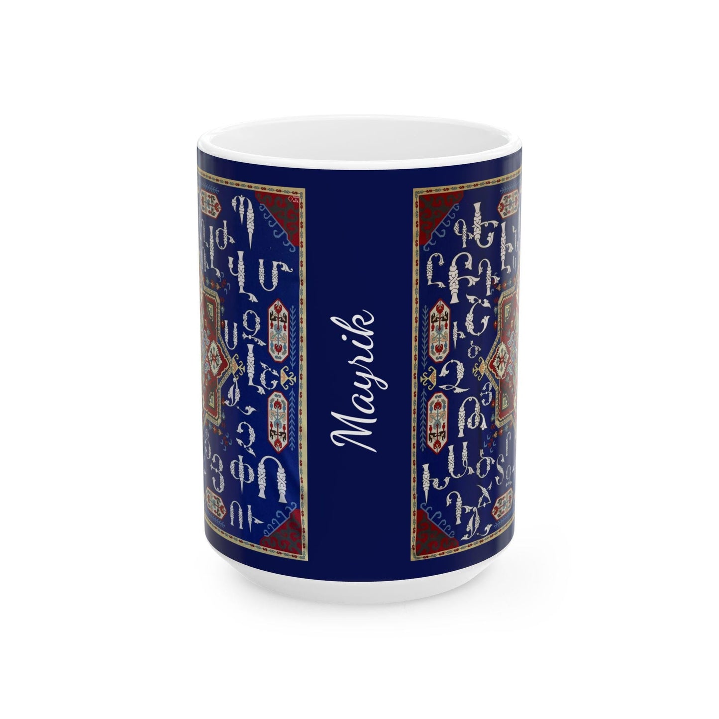 Personalized Armenian Alphabet Ceramic Mug, White on Blue, C-Handle - timelessbohochic.com