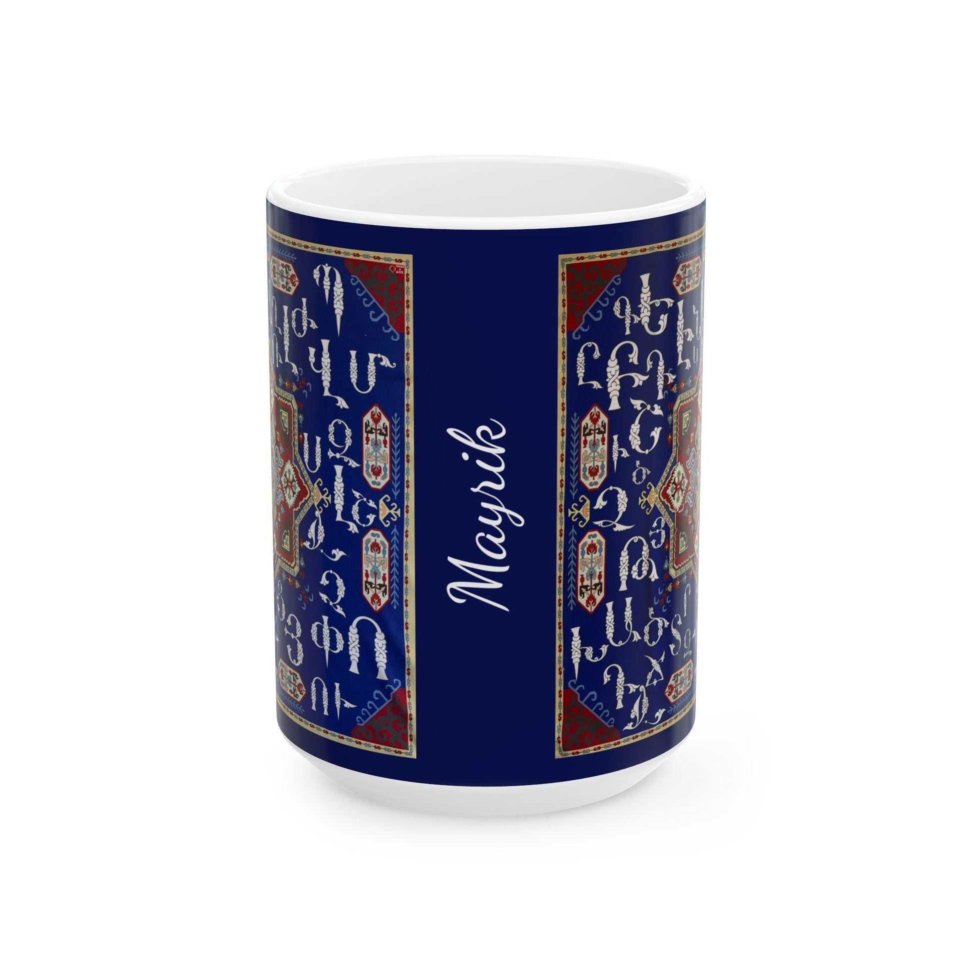 Personalized Armenian Alphabet Ceramic Mug, White on Blue, C-Handle - timelessbohochic.com