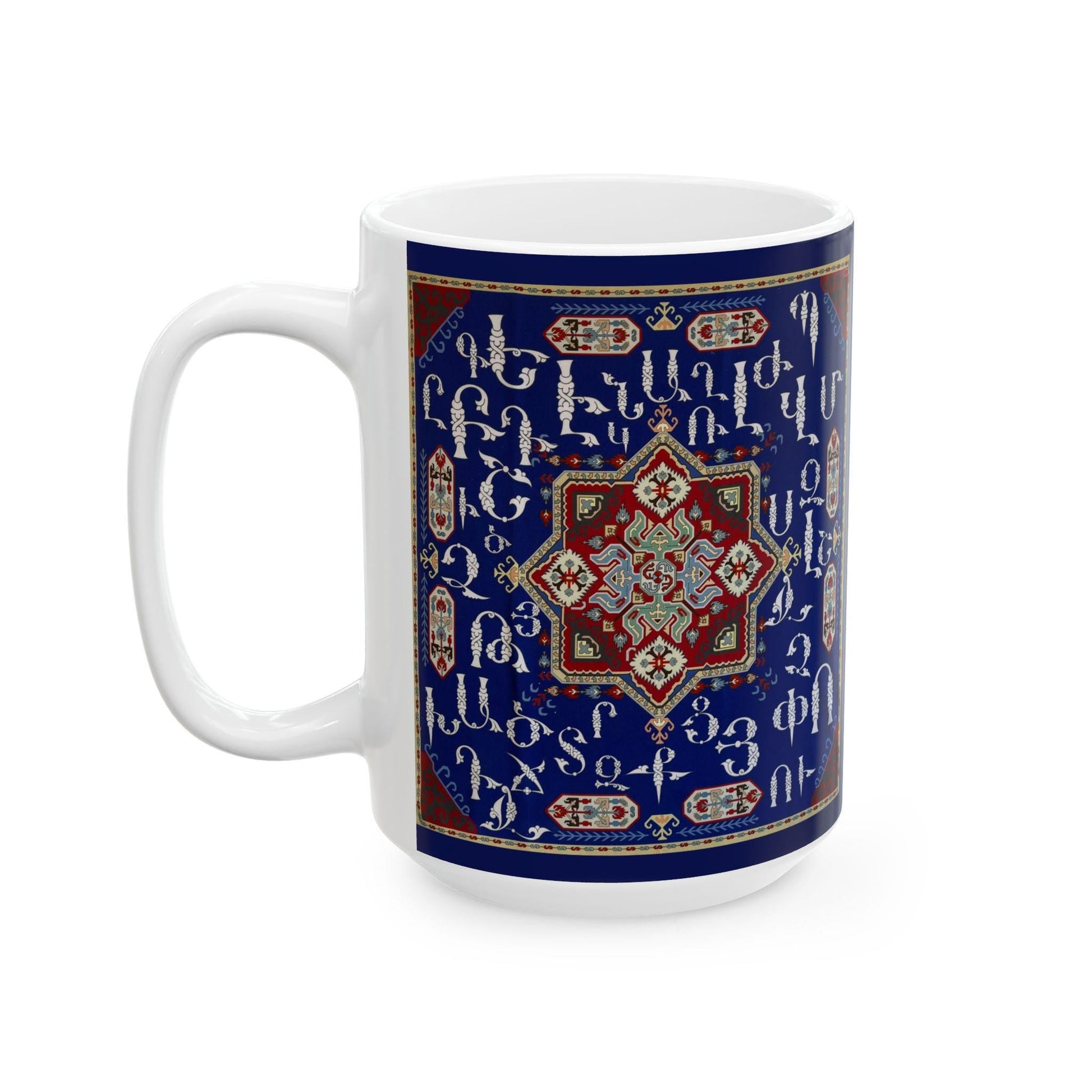Personalized Armenian Alphabet Ceramic Mug, White on Blue, C-Handle - timelessbohochic.com