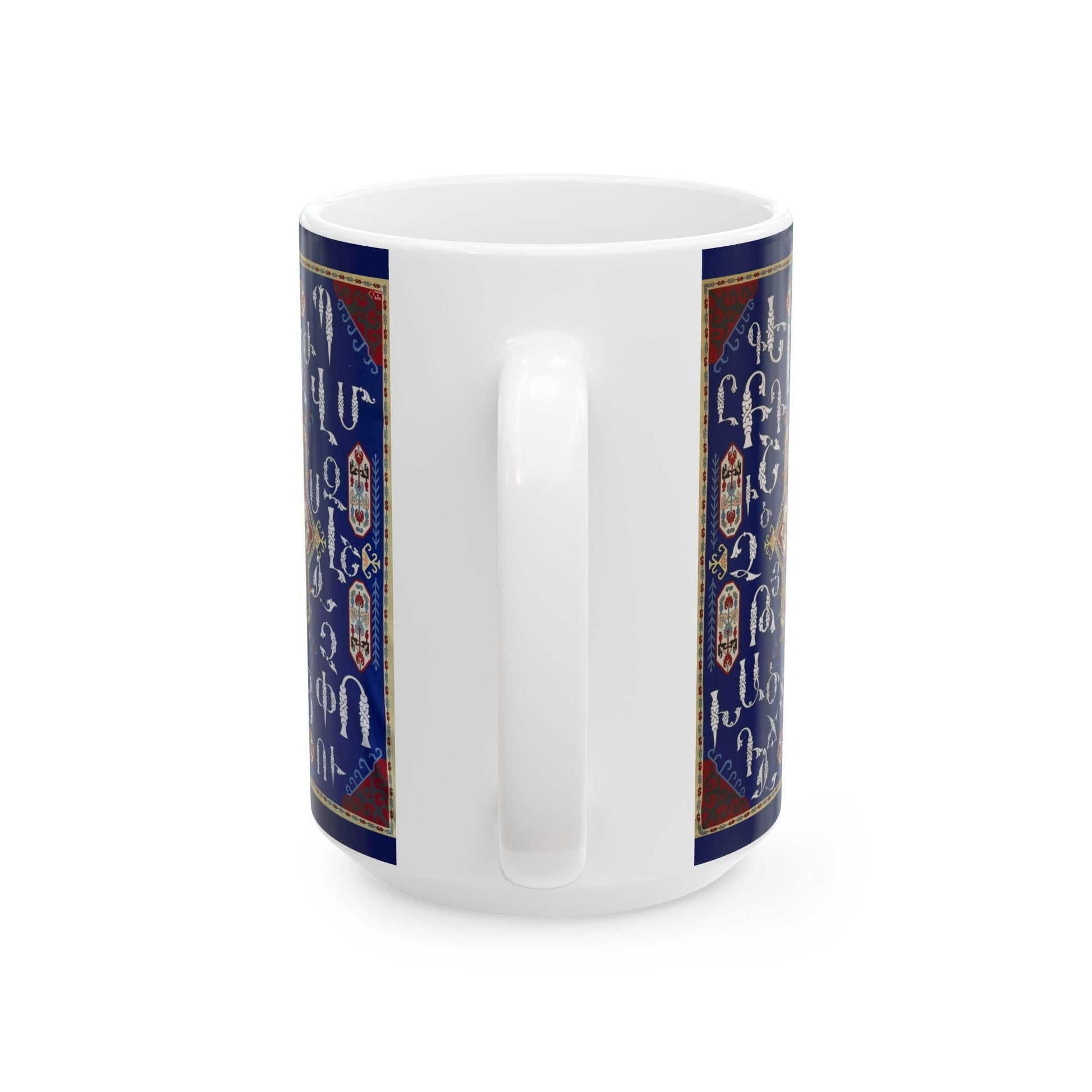 Personalized Armenian Alphabet Ceramic Mug, White on Blue, C-Handle - timelessbohochic.com