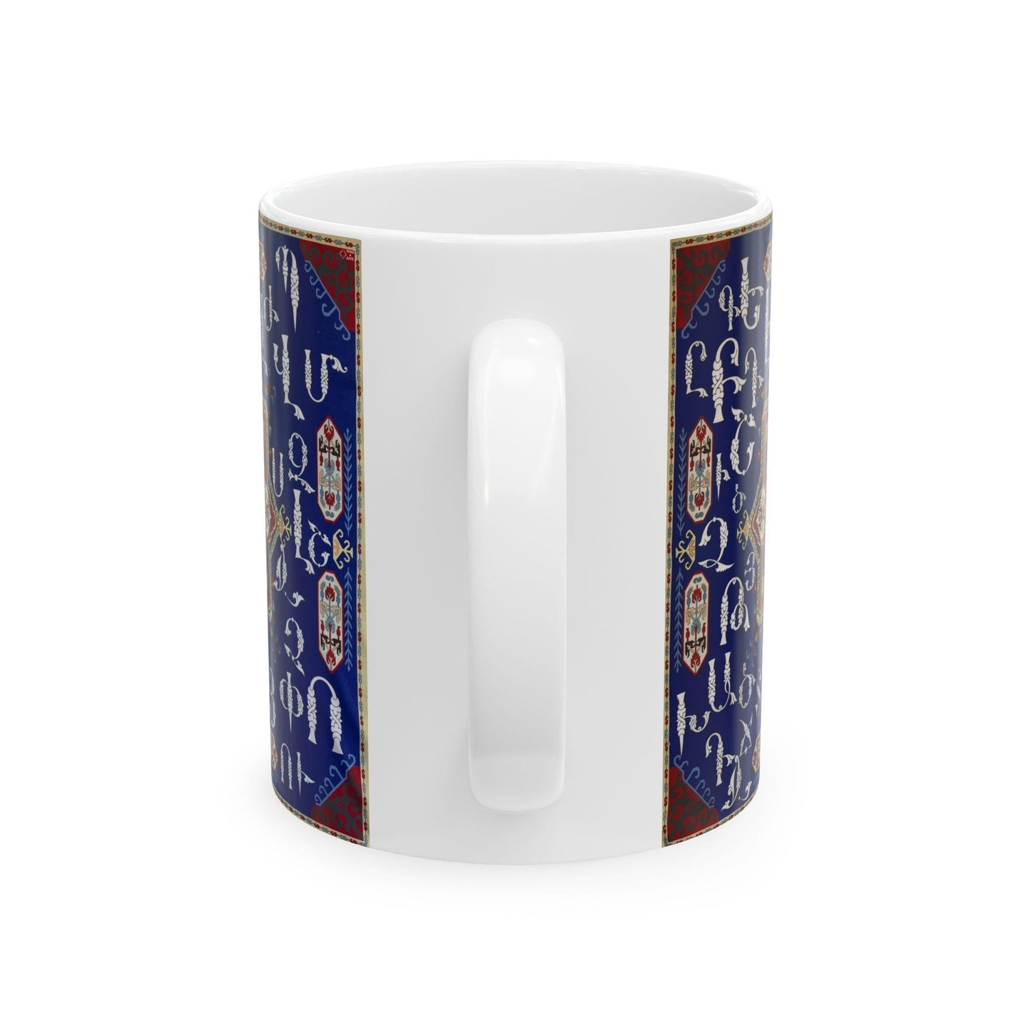 Personalized Armenian Alphabet Ceramic Mug, White on Blue, C-Handle - timelessbohochic.com