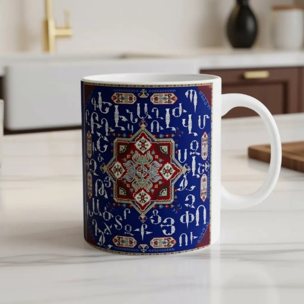 Personalized Armenian Alphabet Ceramic Mug, White on Blue, C-Handle - timelessbohochic.com