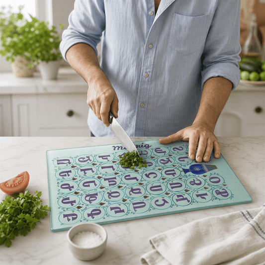Armenian alphabet glass cutting board in mint, a cook chopping herbs on it at a marble counter