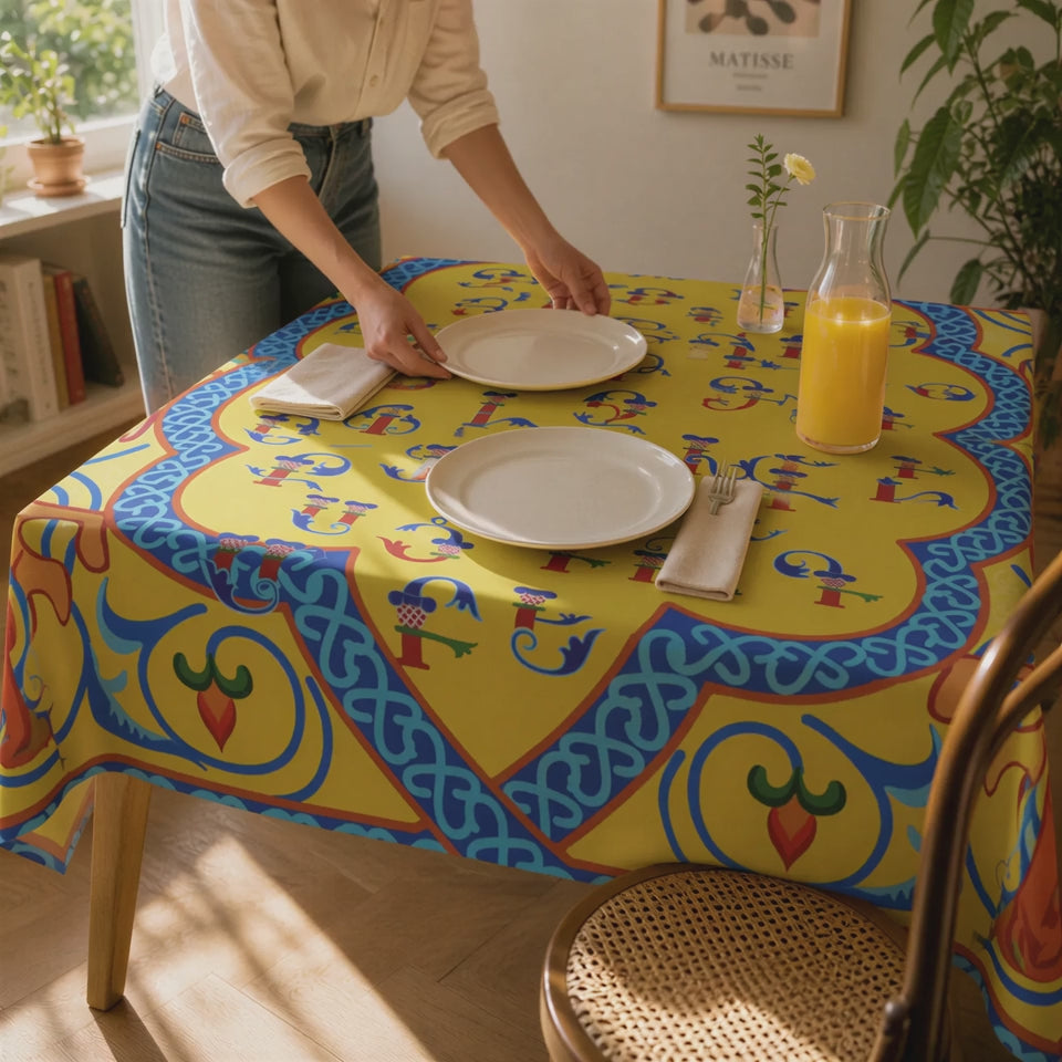 Product video: yellow and blue Armenian alphabet square tablecloth