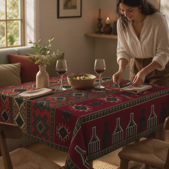 Product video: deep red Armenian rug square tablecloth