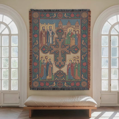 Armenian Cross Tapestry, Oriental Orthodox Church Art, Prayer Room Decor, Gold Brown and Blue on a Cream Background