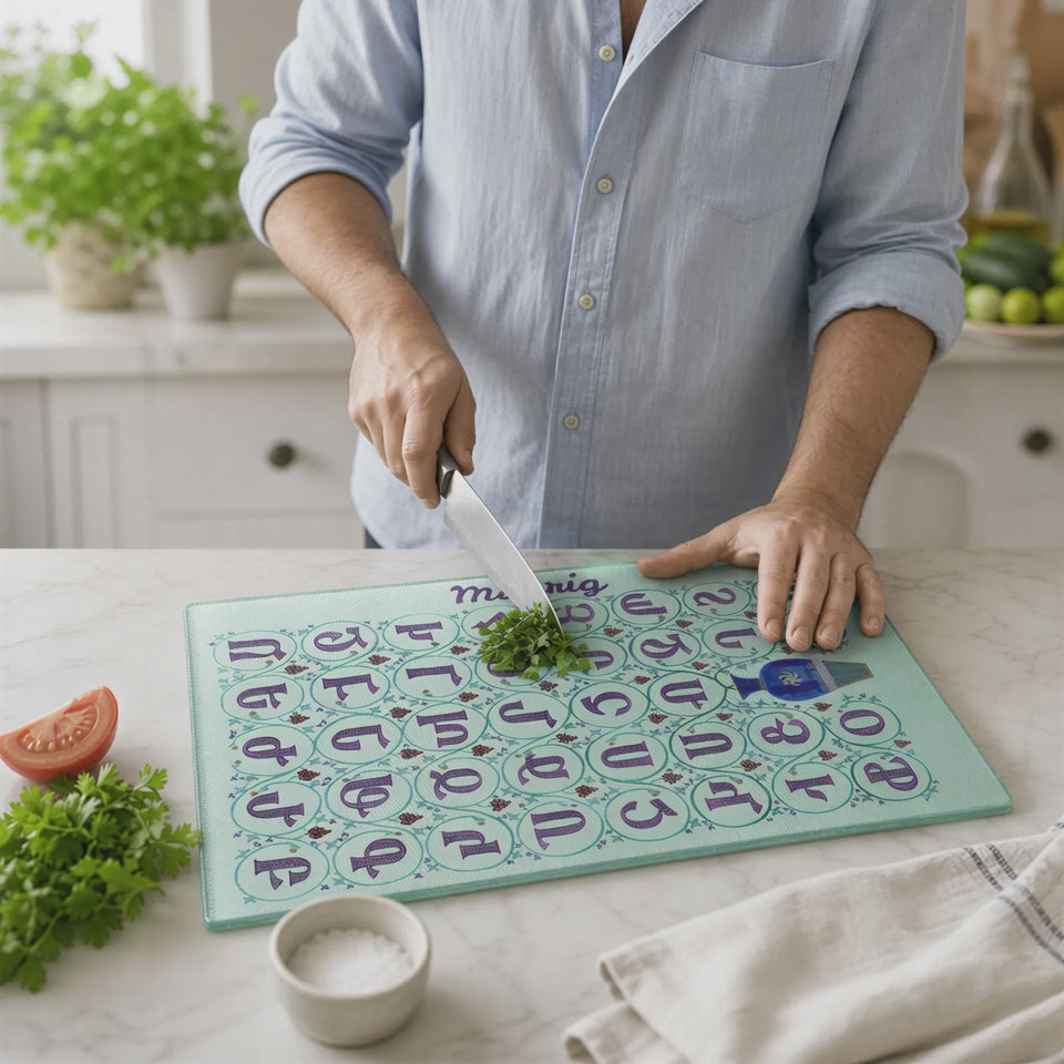 Product video: personalized Armenian alphabet rectangular glass cutting board