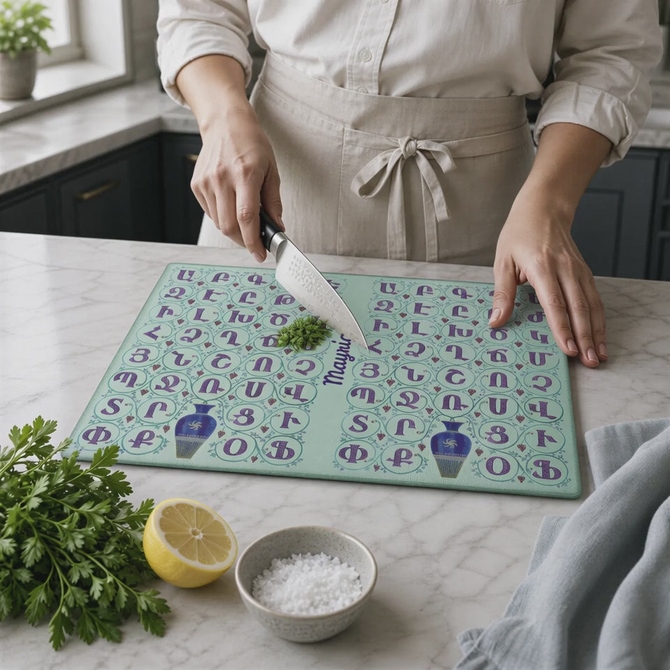 Product video: Armenian alphabet rectangular glass cutting board