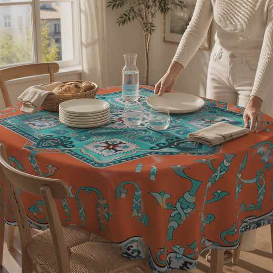 Product video: orange and turquoise Armenian square tablecloth