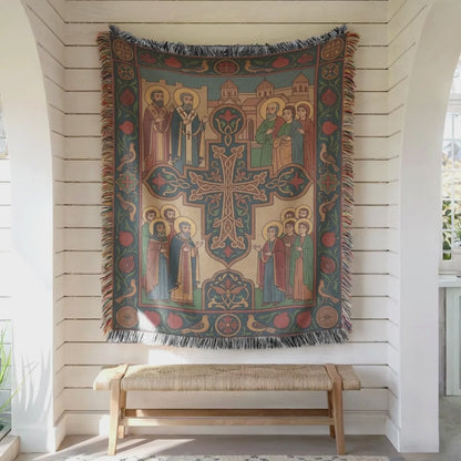 Armenian Christian Wall Tapestry, Saints Around an Ornamental Cross, Prayer Room Decor, Gold Dark Red and Blue on a Cream Background
