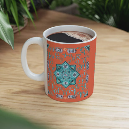 Armenian Alphabet Ceramic Mug, Turquoise on Orange, Personalized