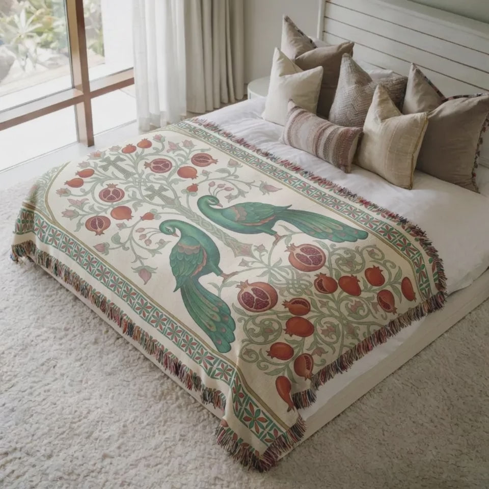 Armenian peacock and pomegranate woven blanket product video