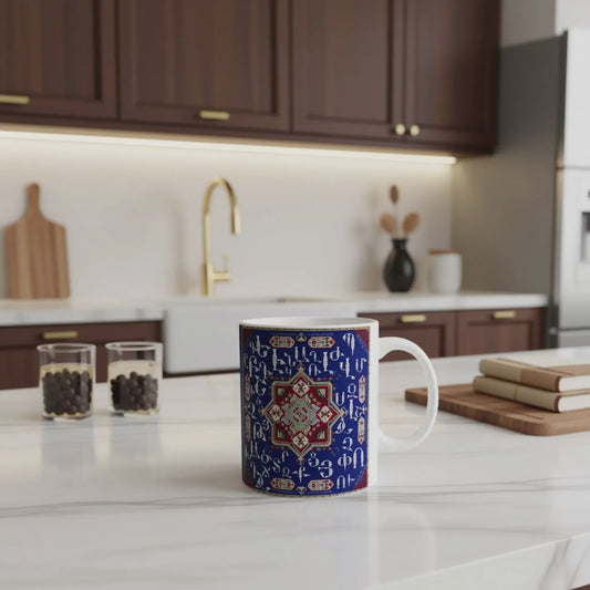 Personalized Armenian Alphabet Ceramic Mug, White on Blue, C-Handle
