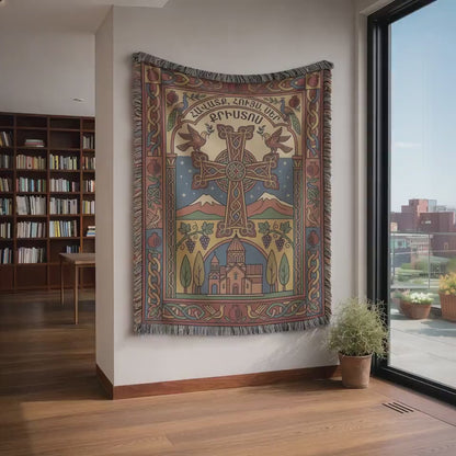 Armenian Cross Wall Tapestry, Faith Hope Love and Mount Ararat, Woven Christian Wall Art