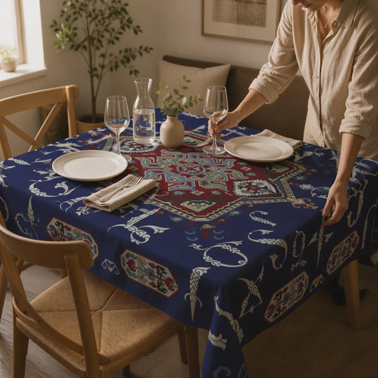 Product video: navy Armenian alphabet square tablecloth