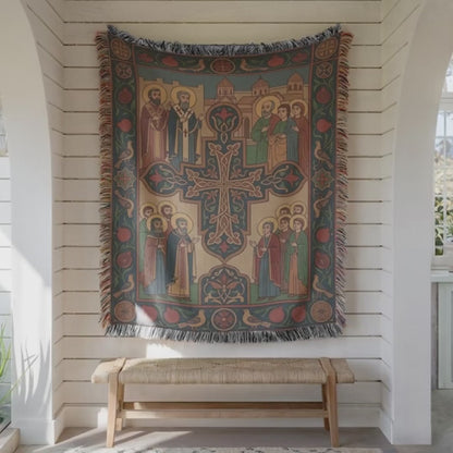 Armenian Christian Wall Tapestry, Saints Around an Ornamental Cross, Prayer Room Decor, Gold Dark Red and Blue on a Cream Background