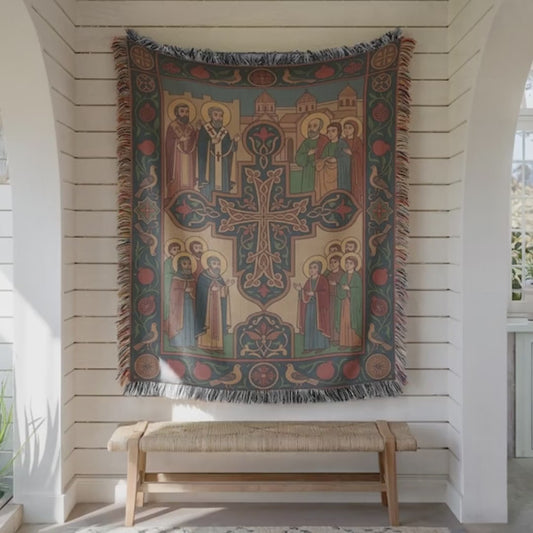 Tapiz de pared tejido de santos y cruces armenias