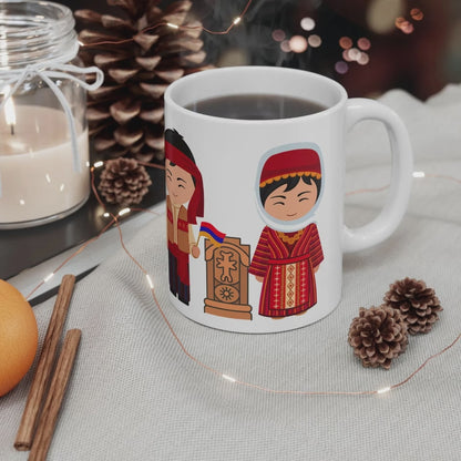 Armenian Khachkar Ceramic Mug, White, Personalized Coffee Cup