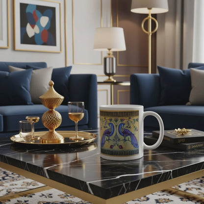 Armenian Blue Birds Ceramic Mug, Gold Background, Personalized