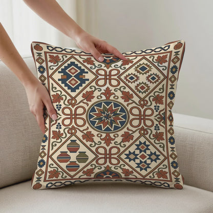 Kilim-Style Throw Pillow, Rust and Teal Geometric Woven, Filling Included