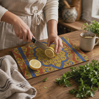 Product video: yellow and blue Armenian alphabet rectangular glass cutting board