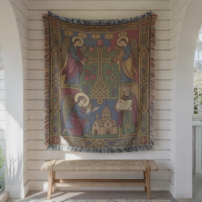 Cross and Angels Wall Tapestry, Woven Christian Sacred Art for a Prayer Room