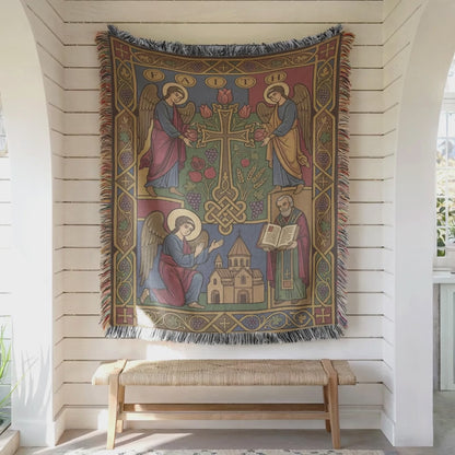 Armenian Christian Wall Tapestry, Ornate Cross and Angel Scene, Prayer Room Decor, Blue Burgundy and Gold