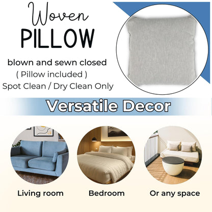 Rust blue woven pillow cover with beige geometric rug-inspired pattern