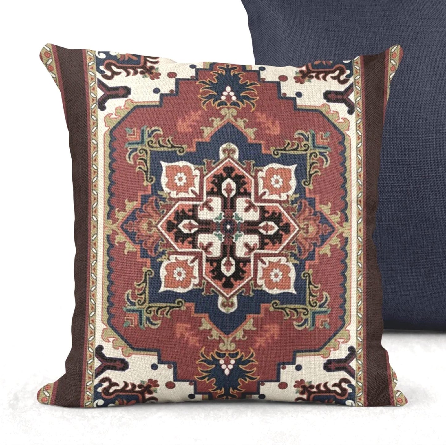 Rust blue woven pillow cover with beige geometric rug-inspired pattern