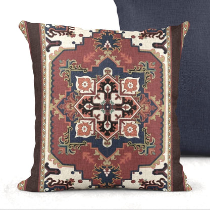 Rust blue woven pillow cover with beige geometric rug-inspired pattern