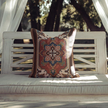 Rust blue woven pillow cover with beige geometric rug-inspired pattern