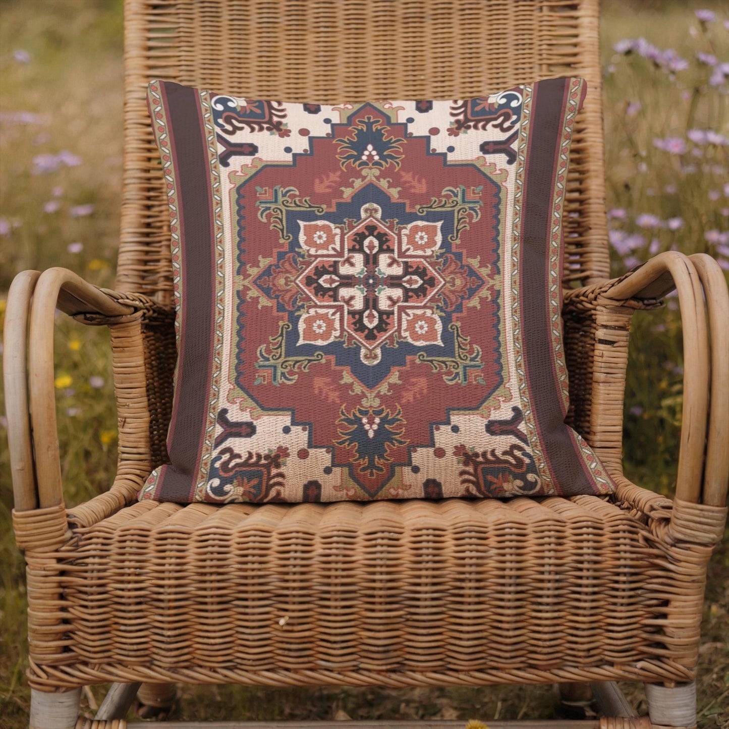 Rust blue woven pillow cover with beige geometric rug-inspired pattern
