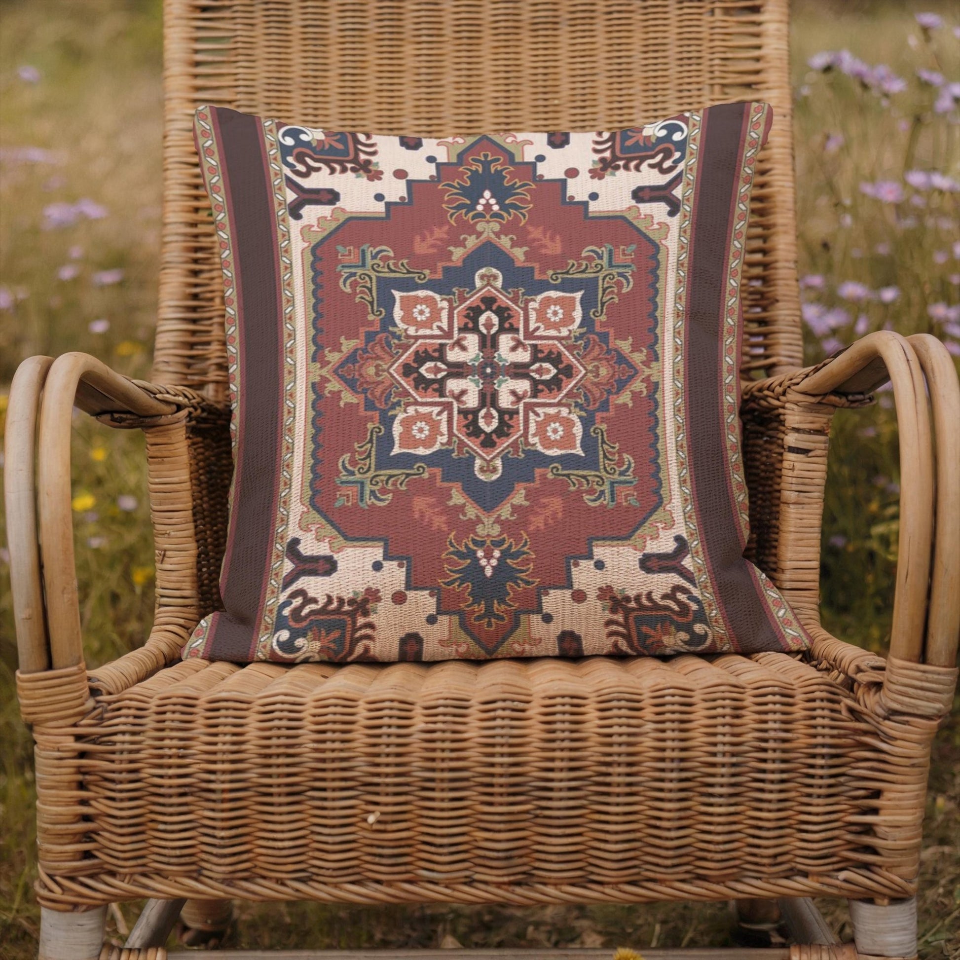 Rust blue woven pillow cover with beige geometric rug-inspired pattern