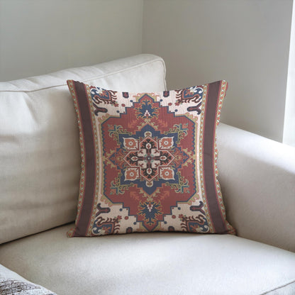 Rust blue woven pillow cover with beige geometric rug-inspired pattern