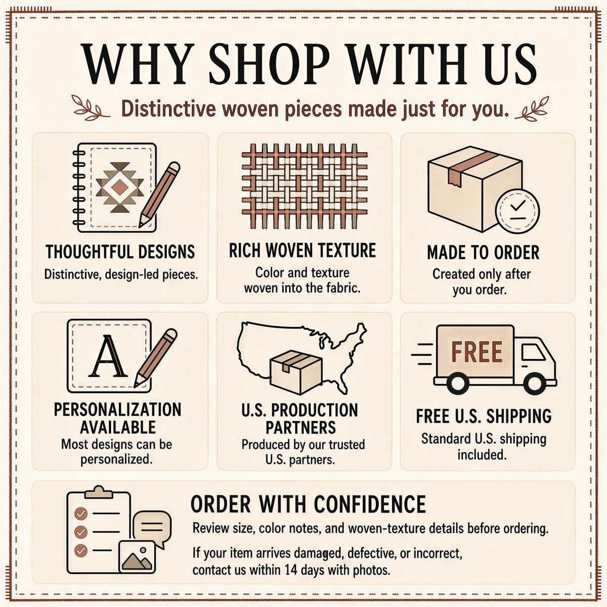 Why shop with us card: made to order, personalization, U.S. production partners, free U.S. shipping
