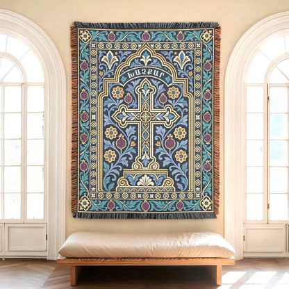 Teal Armenian cross wall tapestry centred between two arched windows above a cushioned bench