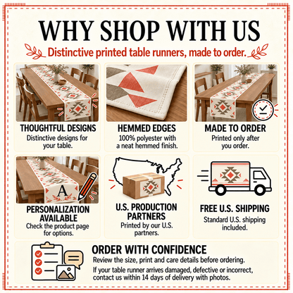Why shop with us card: made to order, hemmed edges, personalization, U.S. partners, free U.S. shipping