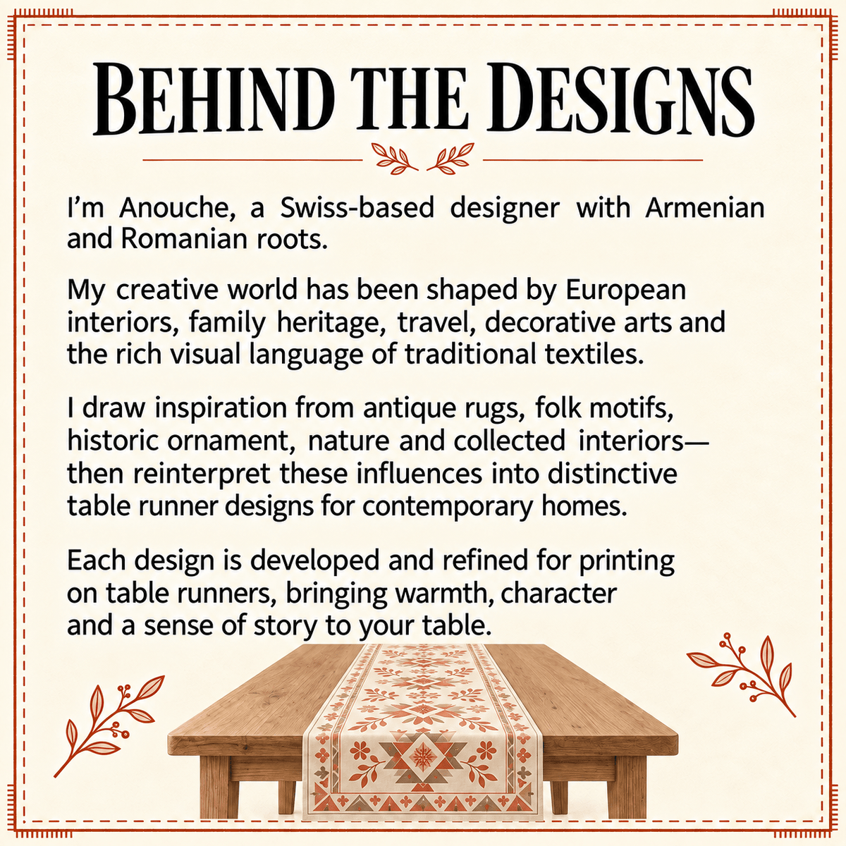 Behind the designs card: a note from Anouche, the designer, on her Armenian and Romanian roots