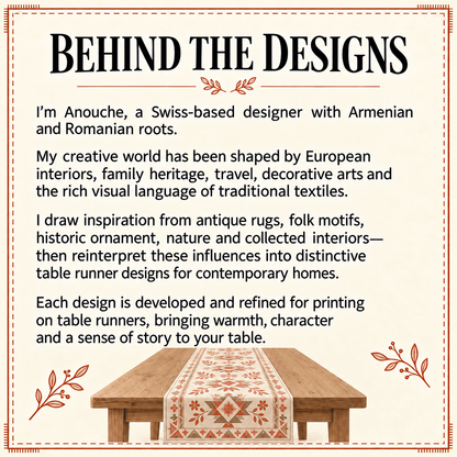 Behind the designs card: a note from Anouche, the designer, on her Armenian and Romanian roots